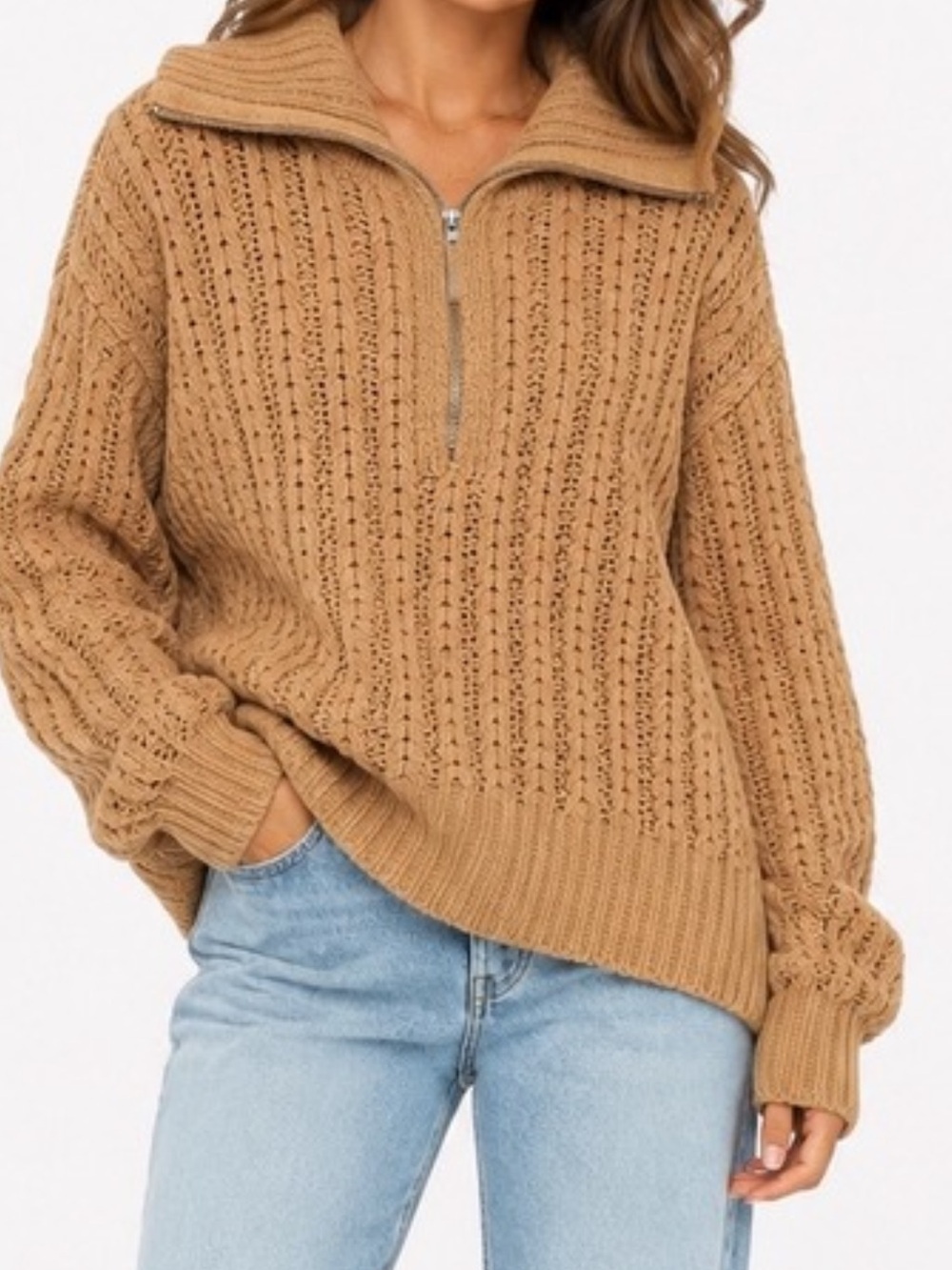 Aerie Camel Brown Chunky Cable Knit Quarter-Zip Sweater Sz Small